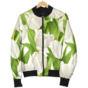 White Tulip Pattern Women Bomber Jacket