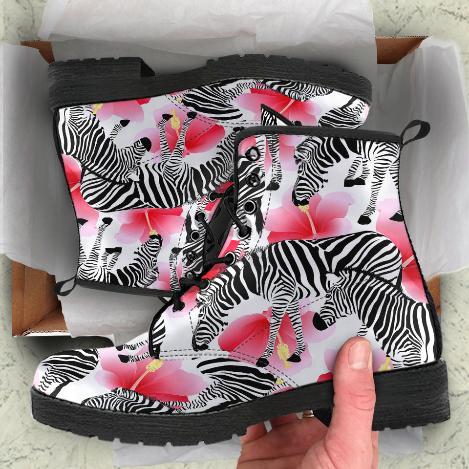 Zebra Red Hibiscus Pattern Leather Boots