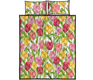 Pink Red Yellow Tulip Pattern Quilt Bed Set