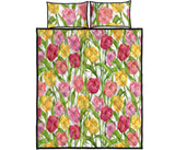 Pink Red Yellow Tulip Pattern Quilt Bed Set