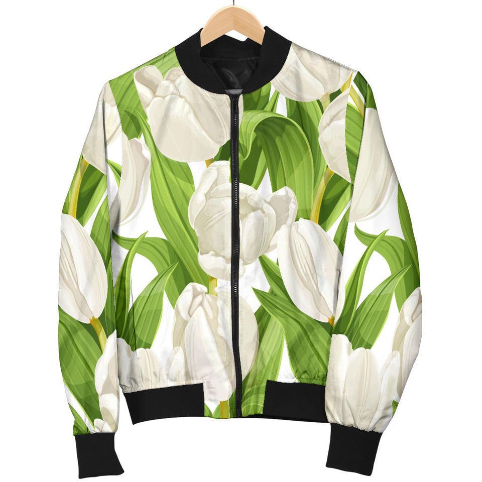 White Tulip Pattern Men Bomber Jacket