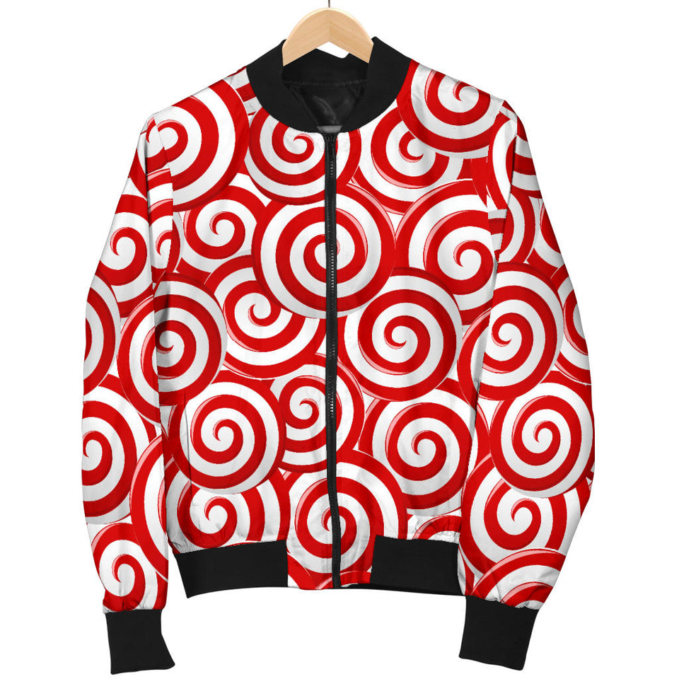 Red and White Candy Spiral Lollipops Pattern Men Bomber Jacket