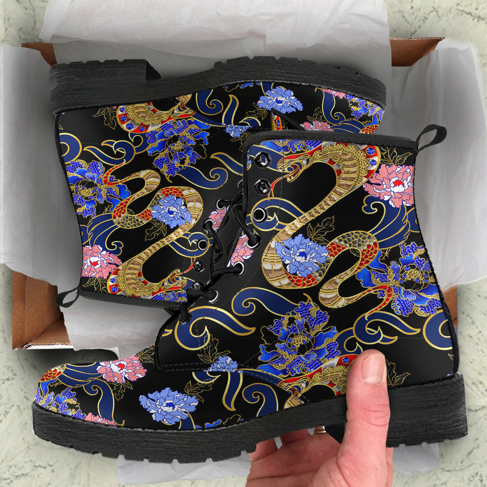 Snake Flower Pattern Leather Boots