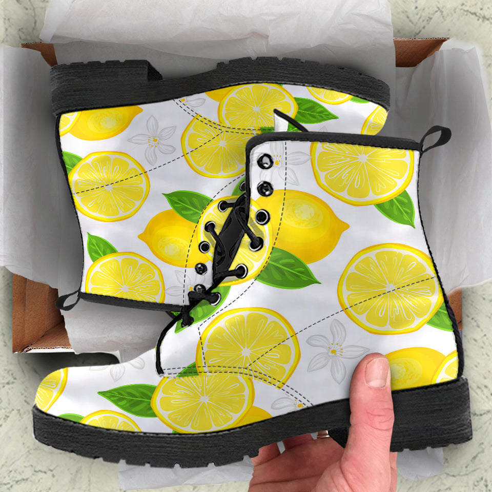 Lemon Flower Pattern Leather Boots