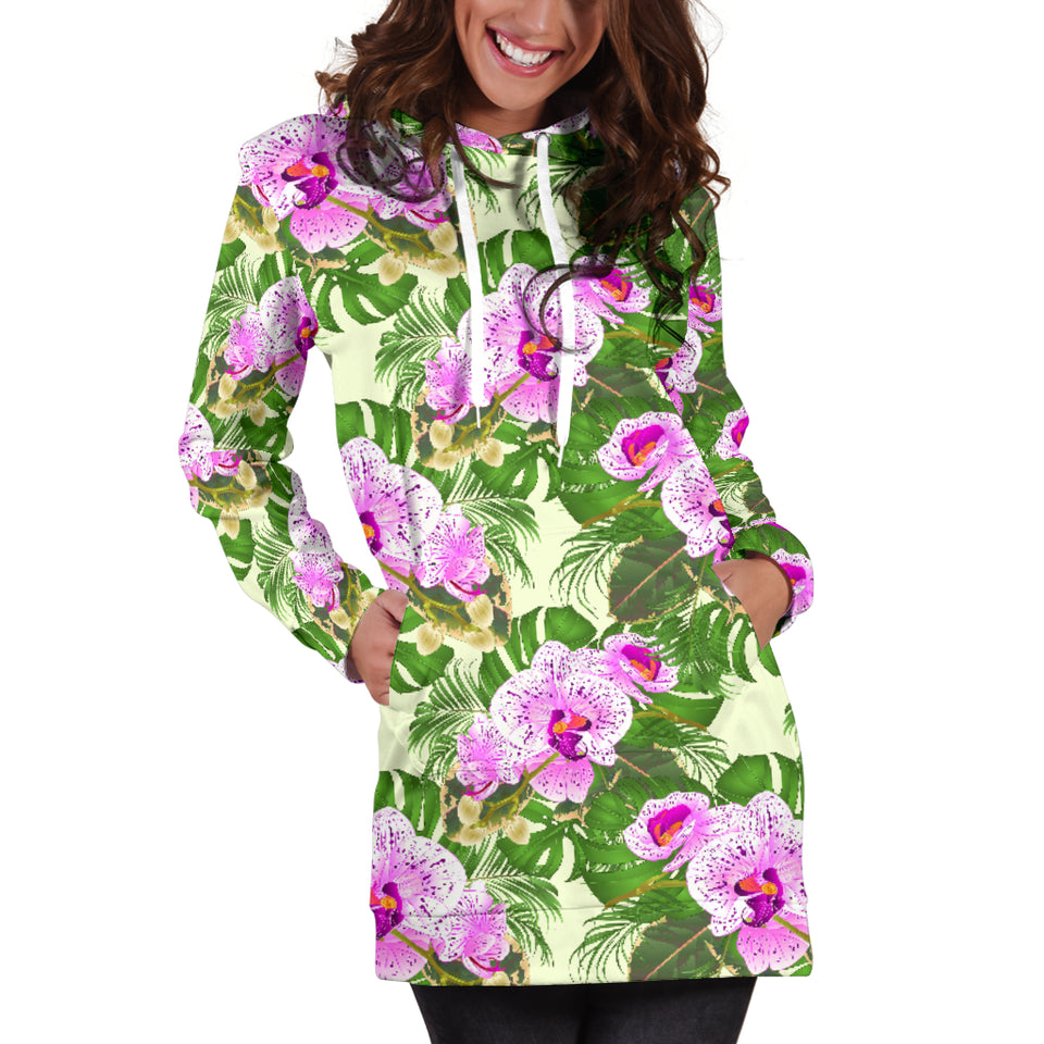 Orchid Leaves Pattern Women Hoodie Dress