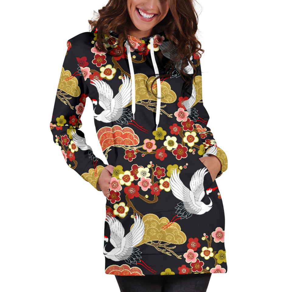 Japanese Crane Pattern Women Hoodie Dress