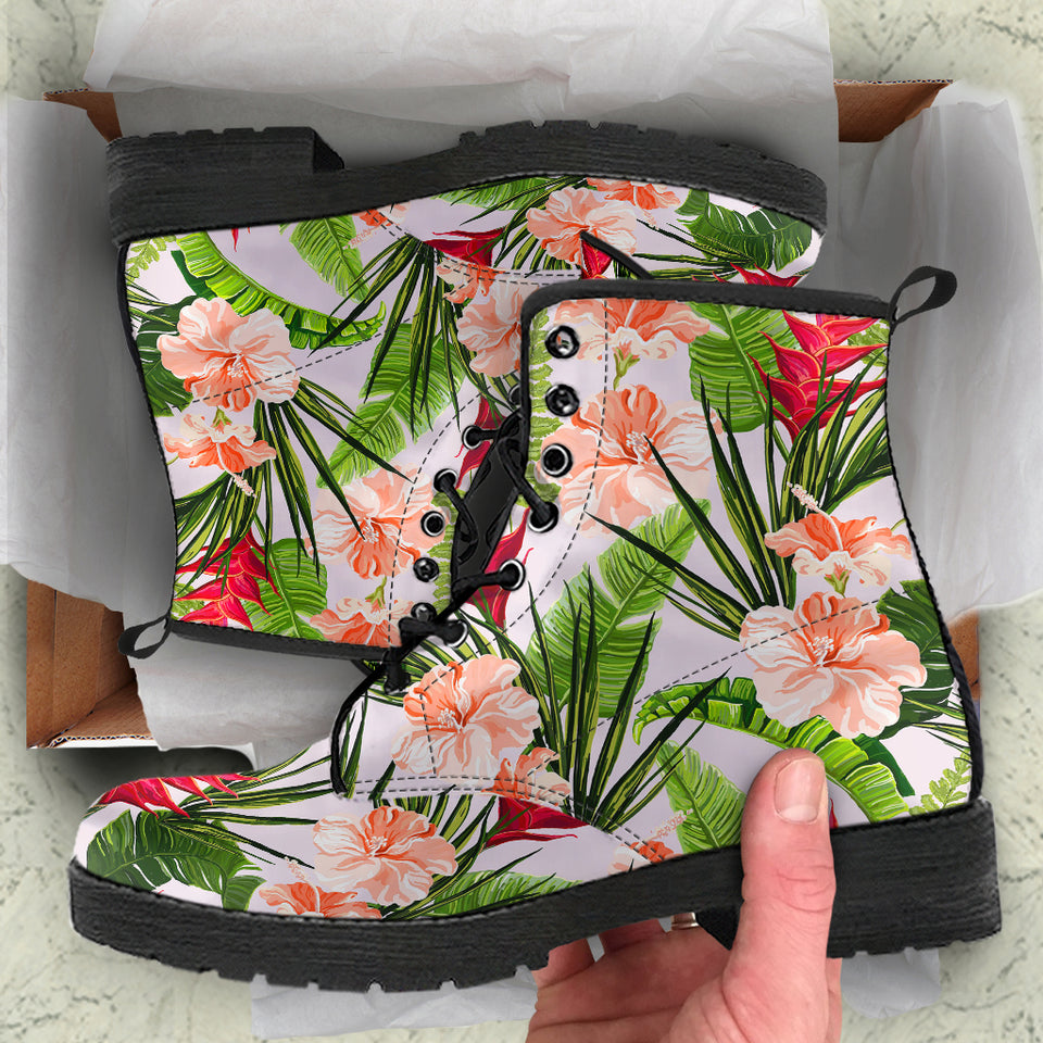 Heliconia Hibiscus Leaves Pattern Leather Boots