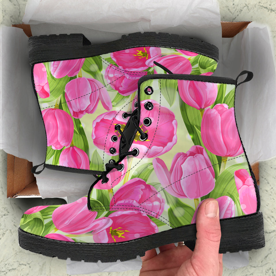 Pink Tulip Pattern Leather Boots