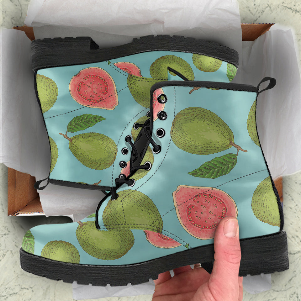 Guava Pattern Green Background Leather Boots