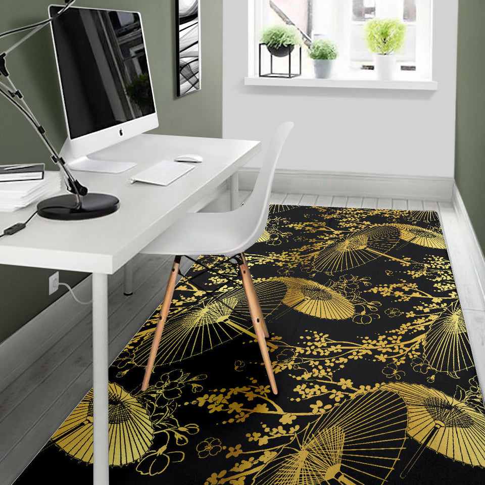 Gold Fan Flower Japanese Pattern Area Rug