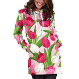 Pink White Tulip Pattern Women Hoodie Dress