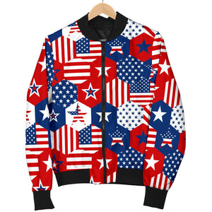 USA Star Hexagon Pattern Women Bomber Jacket