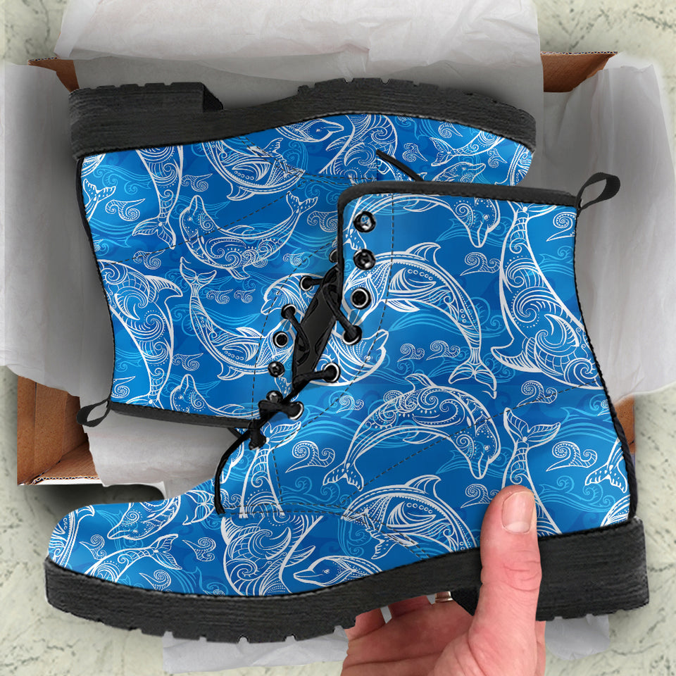 Dolphin Tribal Blue Pattern  Leather Boots