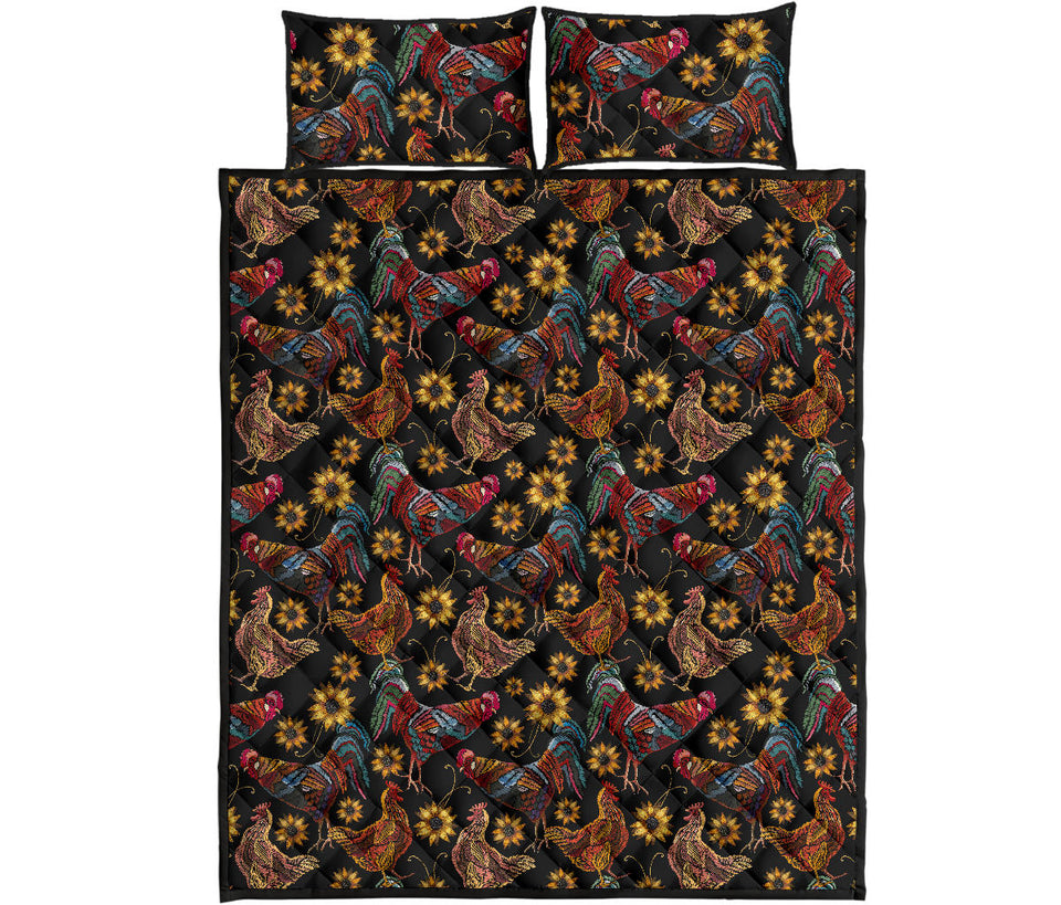 Rooster Chicken Flower Pattern Quilt Bed Set