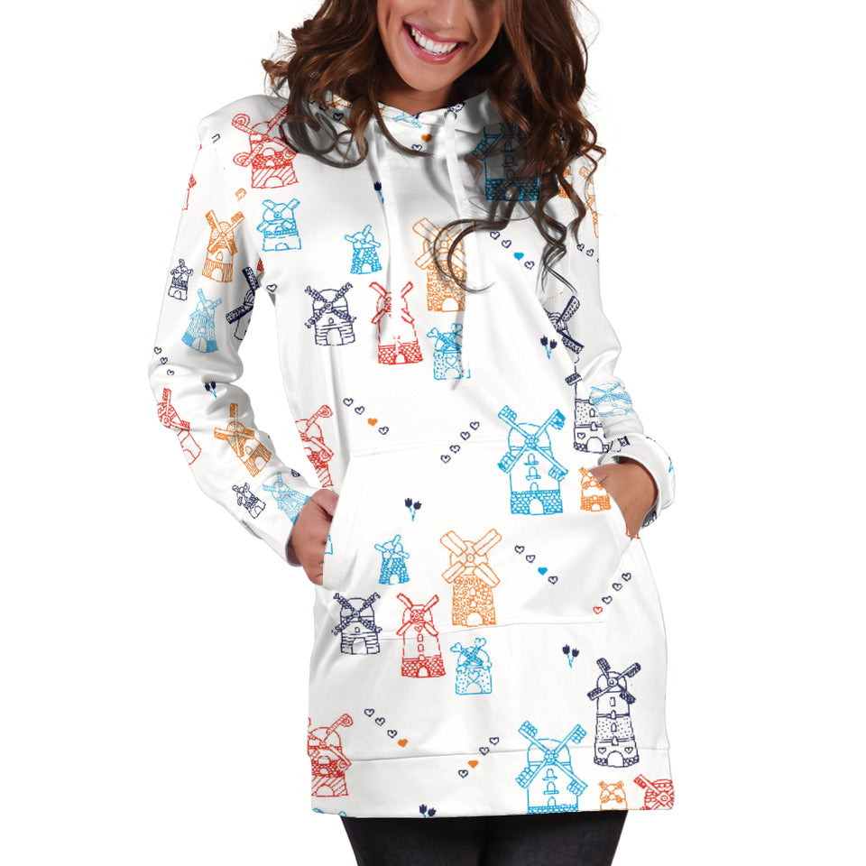 Hand Drawn Windmill Pattern Women Hoodie Dress