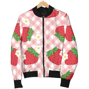 Strawberry Pattern Stripe Background Women Bomber Jacket