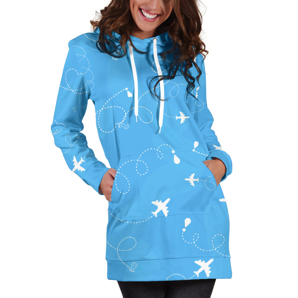 Airplane Pattern Blue Background Women Hoodie Dress