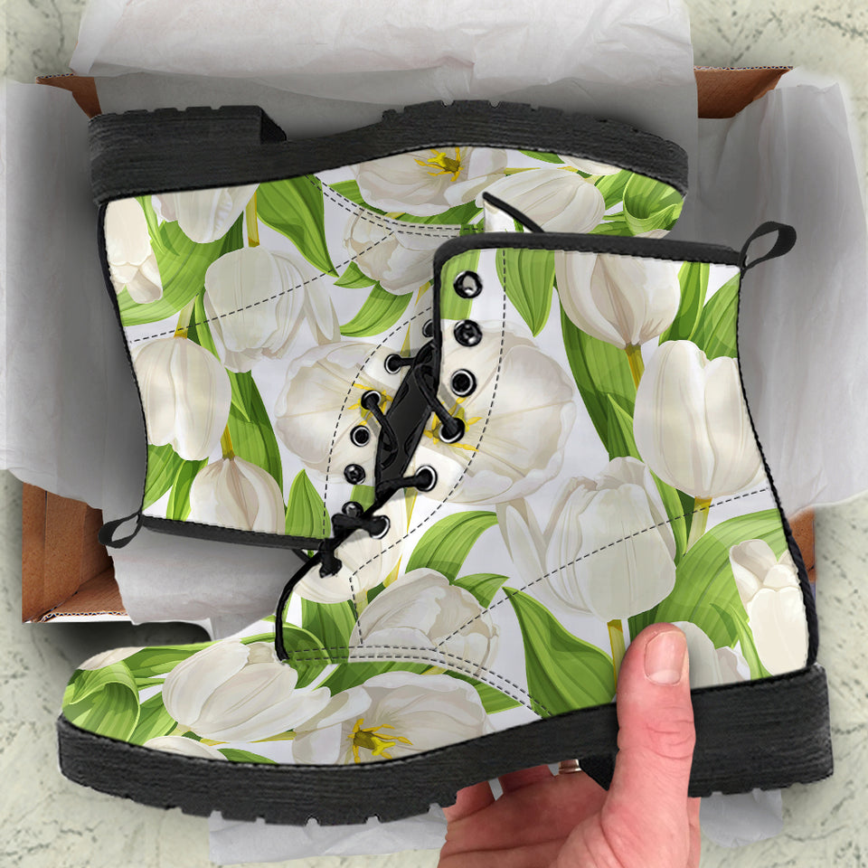 White Tulip Pattern Leather Boots