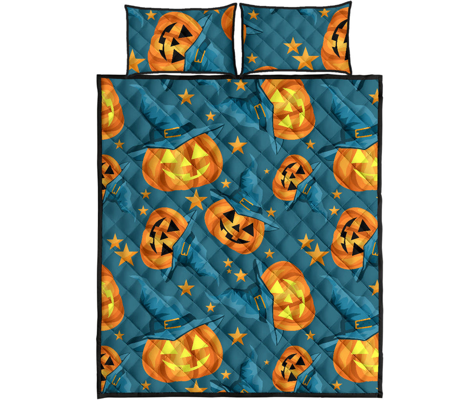 Halloween Pumpkin Witch Hat Pattern Quilt Bed Set