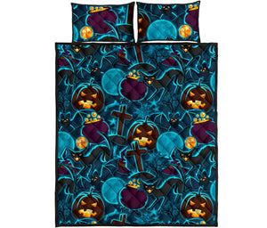 Halloween Pumpkin Cat Pattern Quilt Bed Set