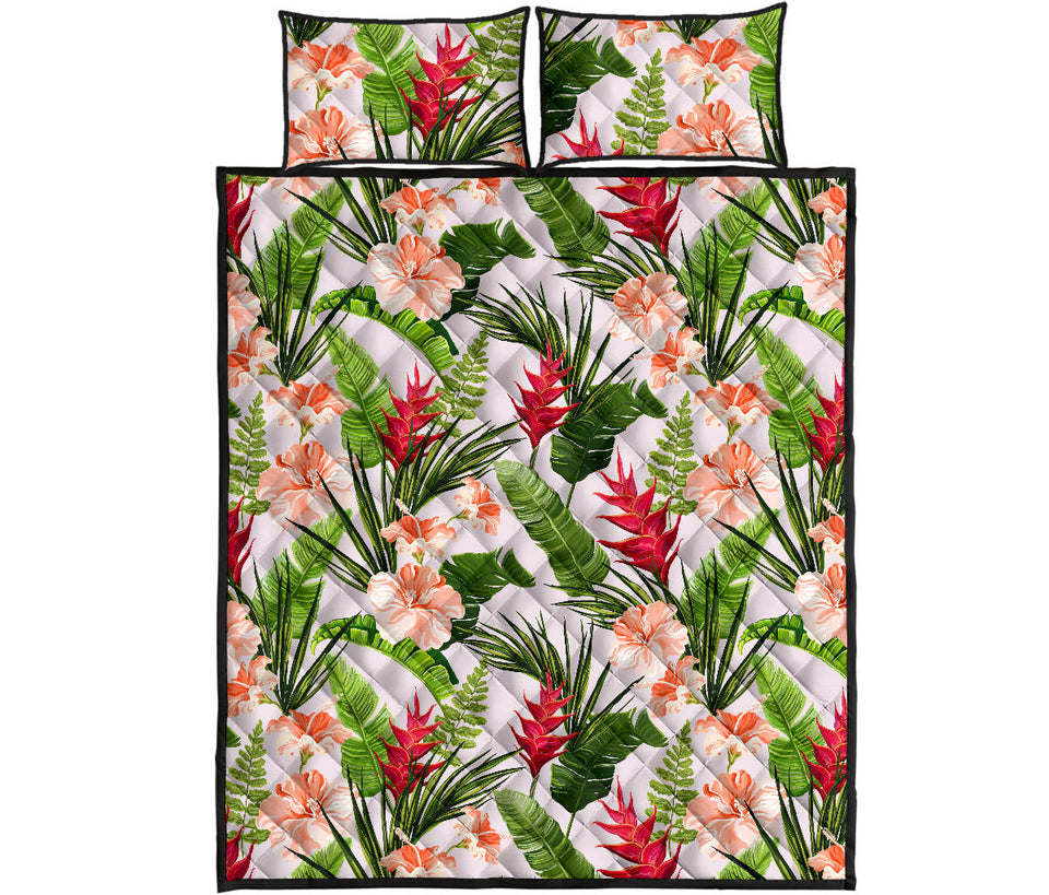 Heliconia Hibiscus Leaves Pattern Quilt Bed Set