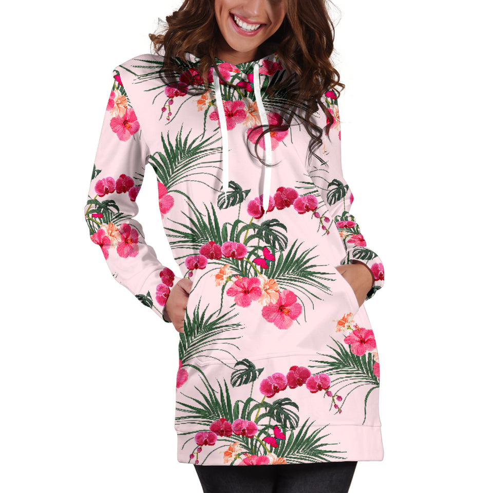 Red Pink Orchid Hibiscus Pattern Women Hoodie Dress