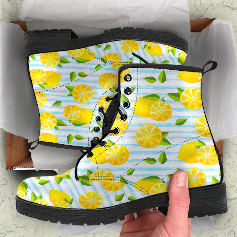 Lemon Pattern Stripe Background Leather Boots