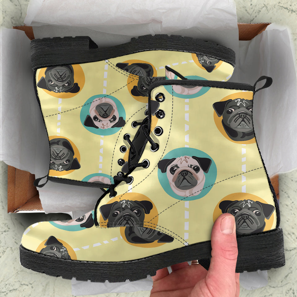 Pug Head Pattern Leather Boots