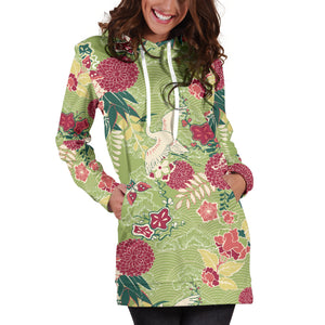 Japanese Crane Green Theme Pattern Women Hoodie Dress