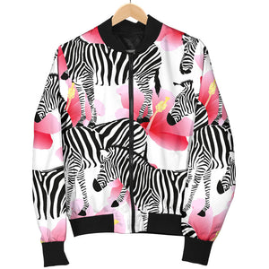 Zebra Red Hibiscus Pattern Women Bomber Jacket