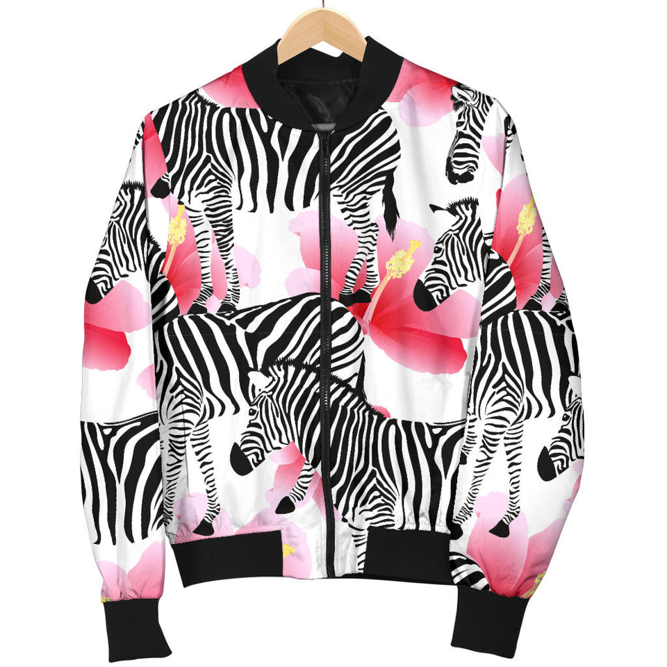 Zebra Red Hibiscus Pattern Women Bomber Jacket