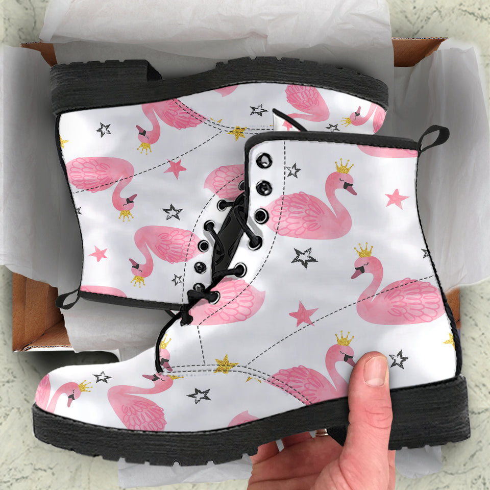 Pink Swan Pattern Leather Boots