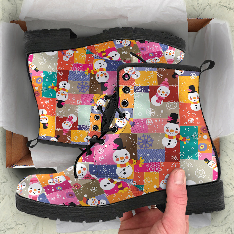 Snowman Colorful Theme Pattern Leather Boots