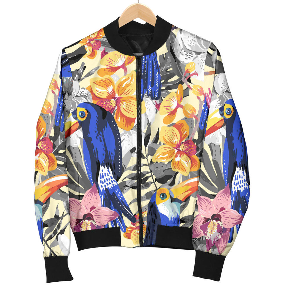 Toucan Leaves Flower Pattern Women Bomber Jacket