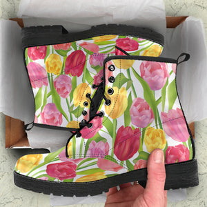 Pink Red Yellow Tulip Pattern Leather Boots