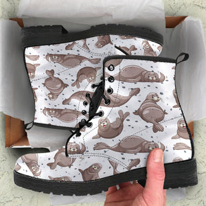 Sea Lion Pattern Background Leather Boots