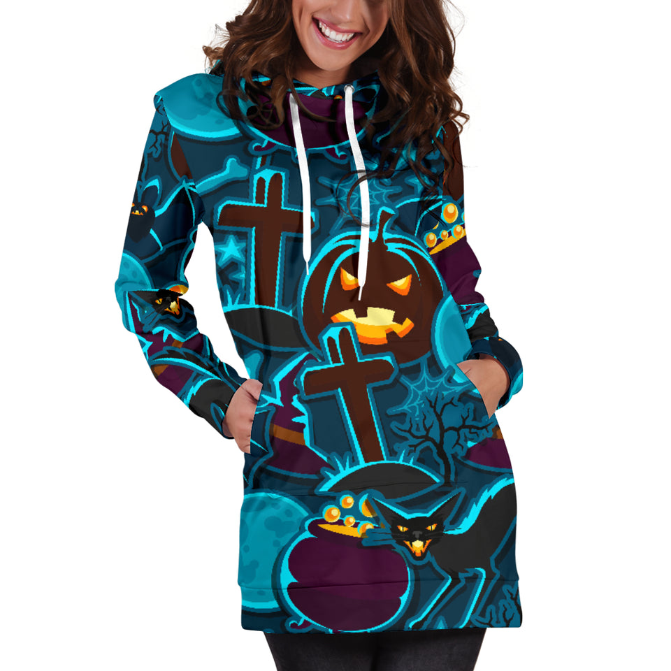 Halloween Pumpkin Cat Pattern Women Hoodie Dress