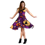 Halloween Pumpkin Witch Pattern Sleeveless Midi Dress