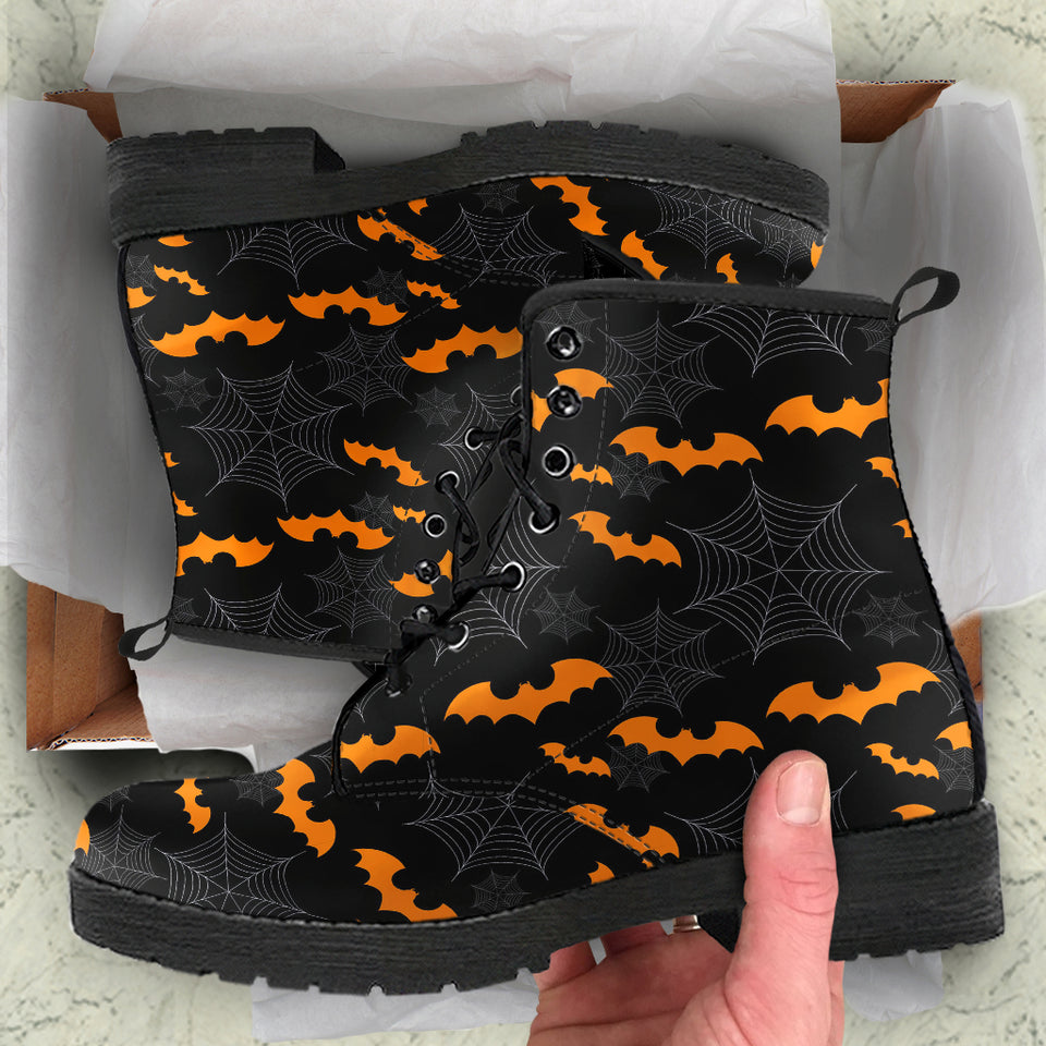 Cobweb Spider Web Bat Pattern Leather Boots