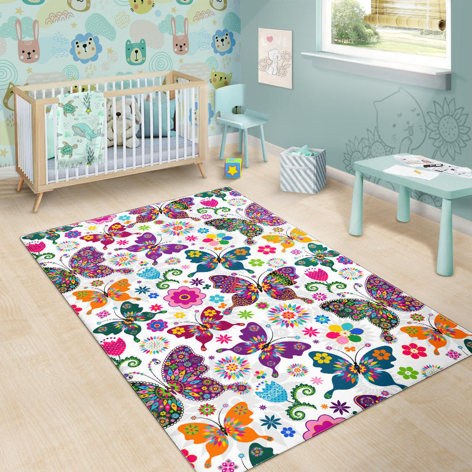 Colorful Butterfly Flower Pattern Area Rug