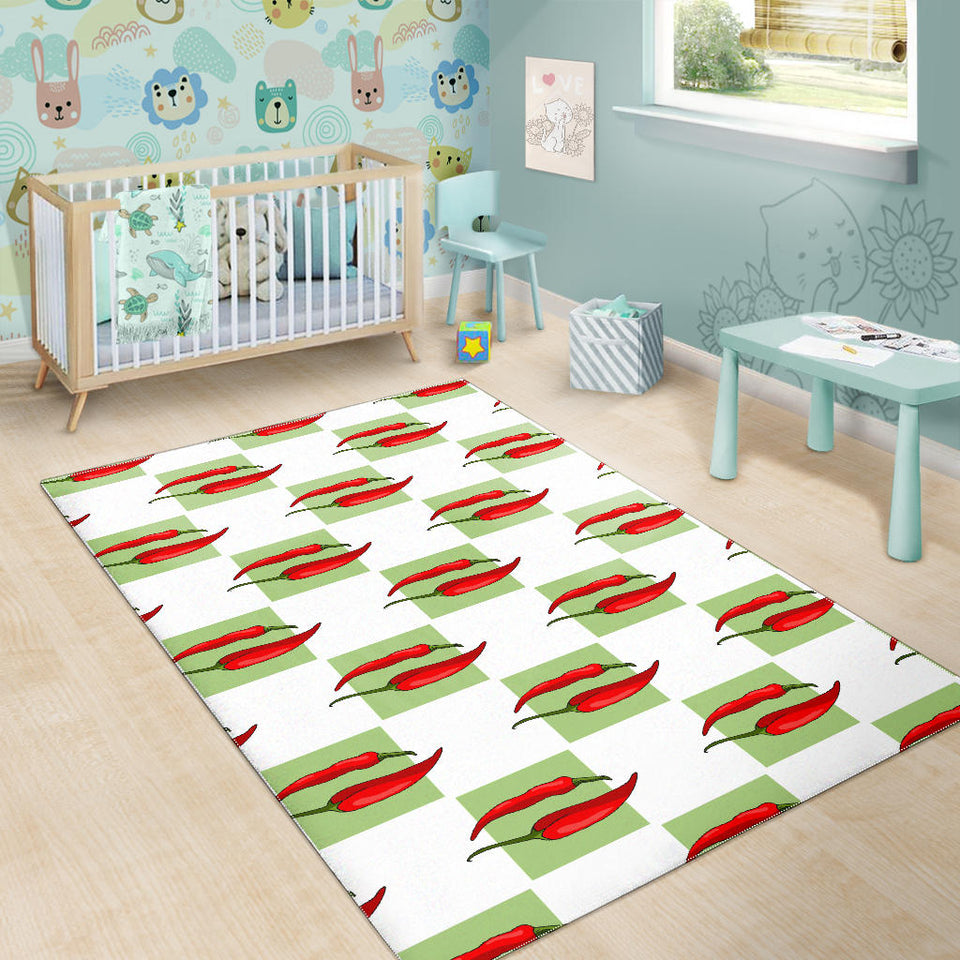 Red Chili Pattern Green White background Area Rug