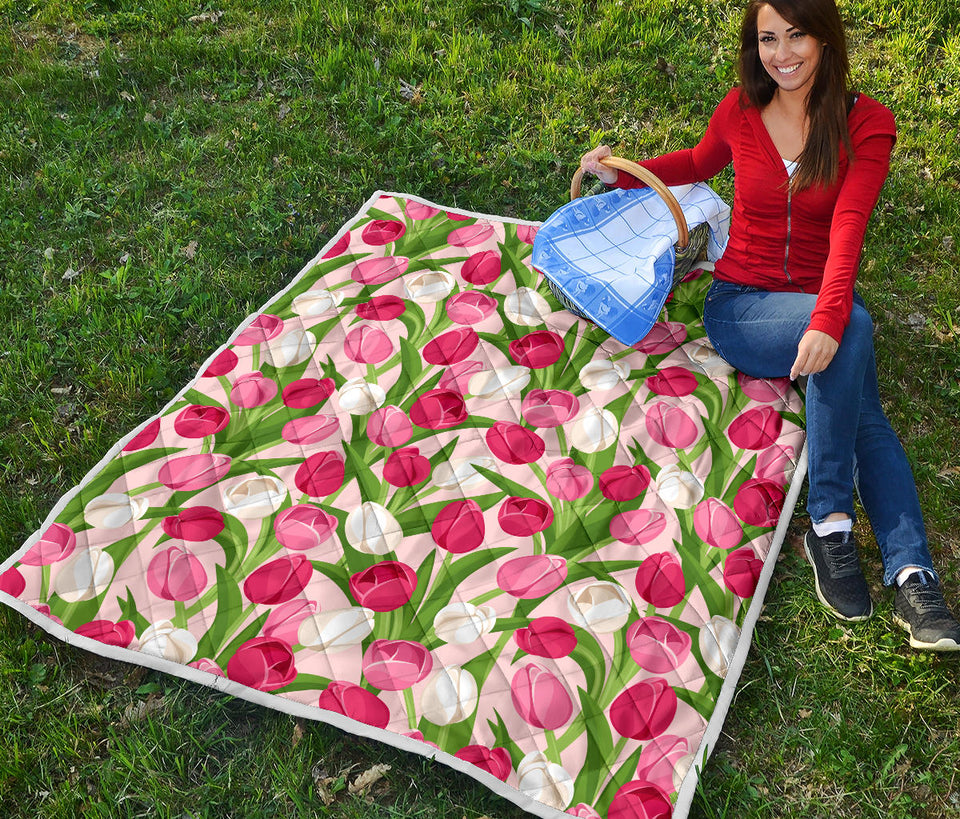 Pink White Tulip Pattern Premium Quilt White