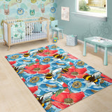 Bee Red and Blue Hibiscus Pattern Area Rug