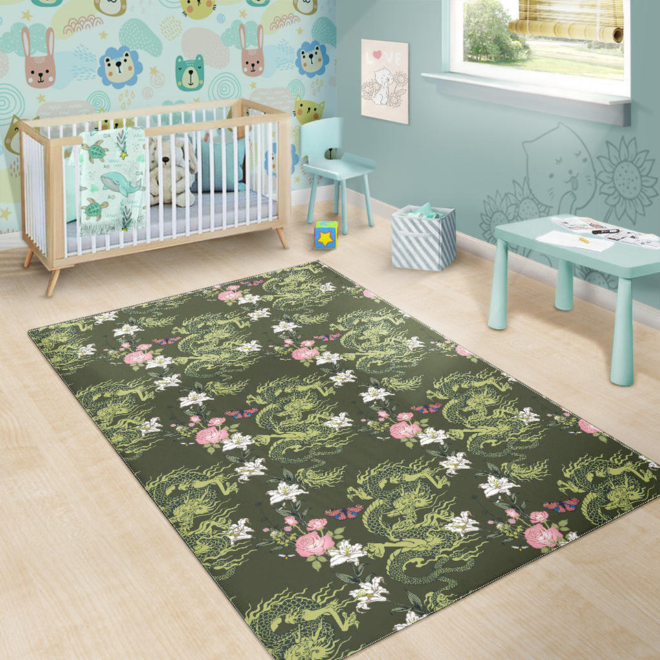 Green Dragon Rose Flower Pattern Area Rug