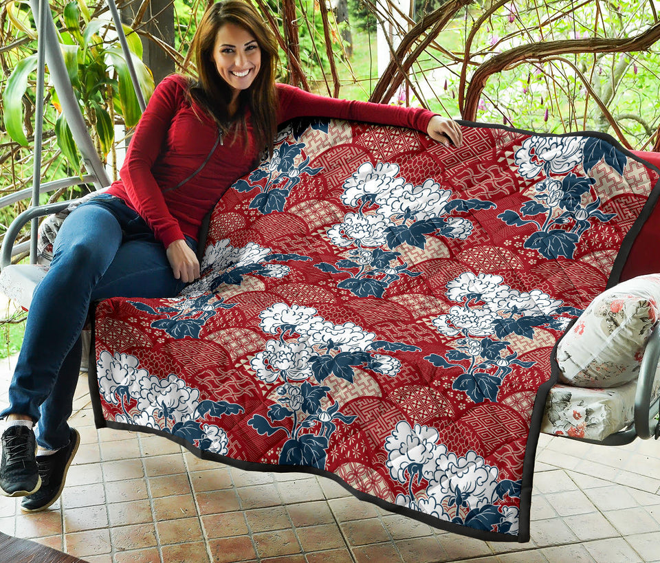 Red Theme Japanese Pattern Premium Quilt