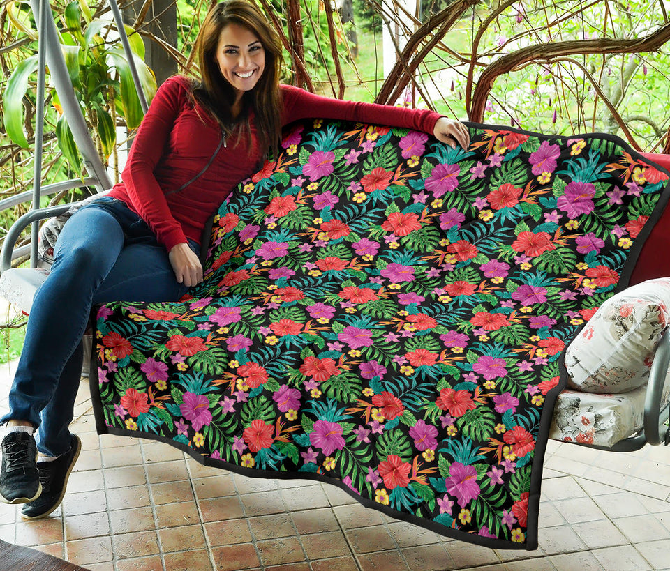 Hibiscus Pattern Print Design 01 Premium Quilt