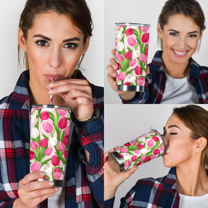 Pink White Tulip Pattern Tumbler