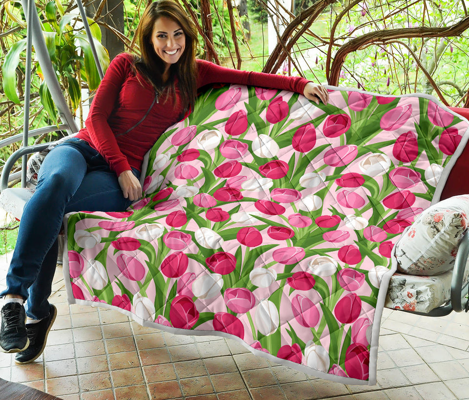 Pink White Tulip Pattern Premium Quilt White