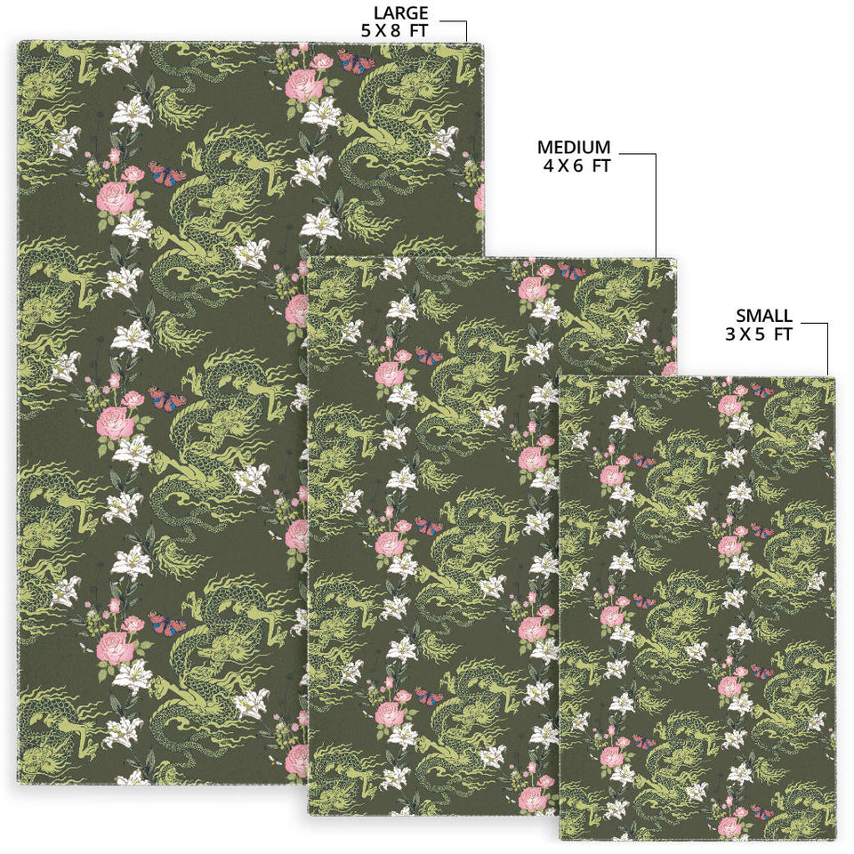 Green Dragon Rose Flower Pattern Area Rug