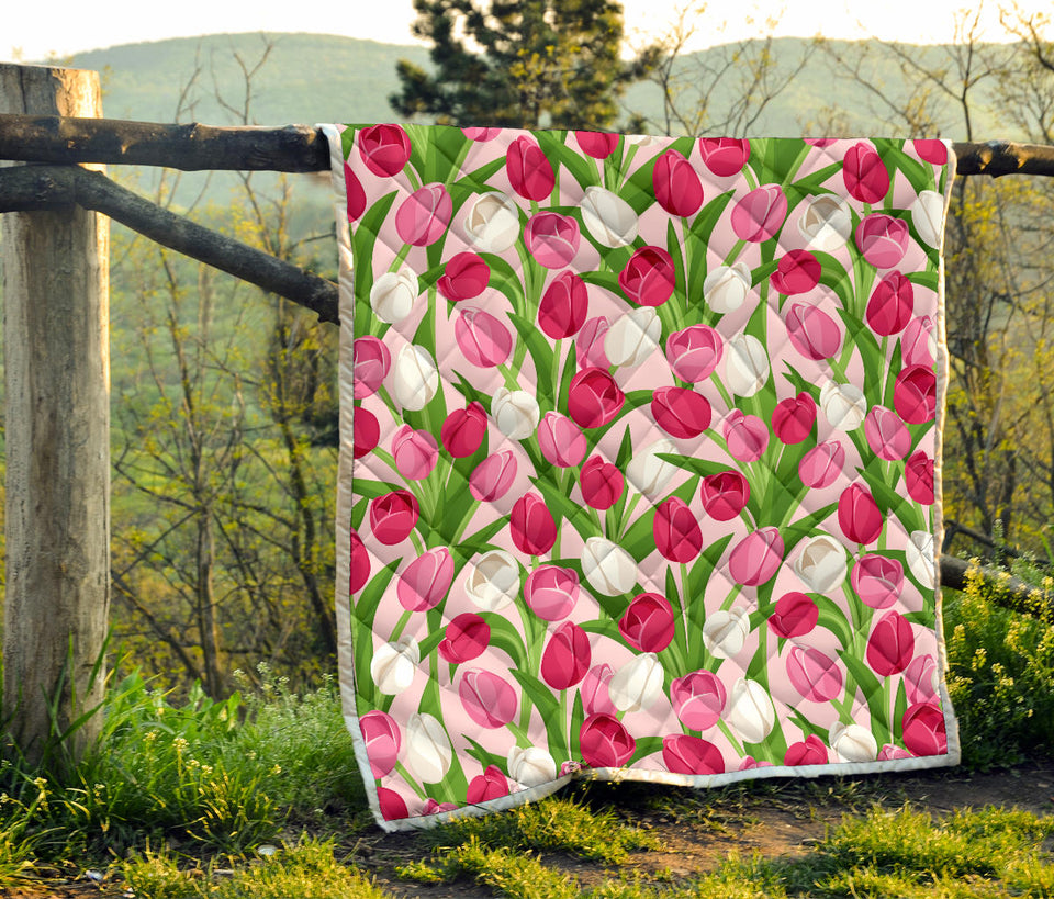 Pink White Tulip Pattern Premium Quilt White